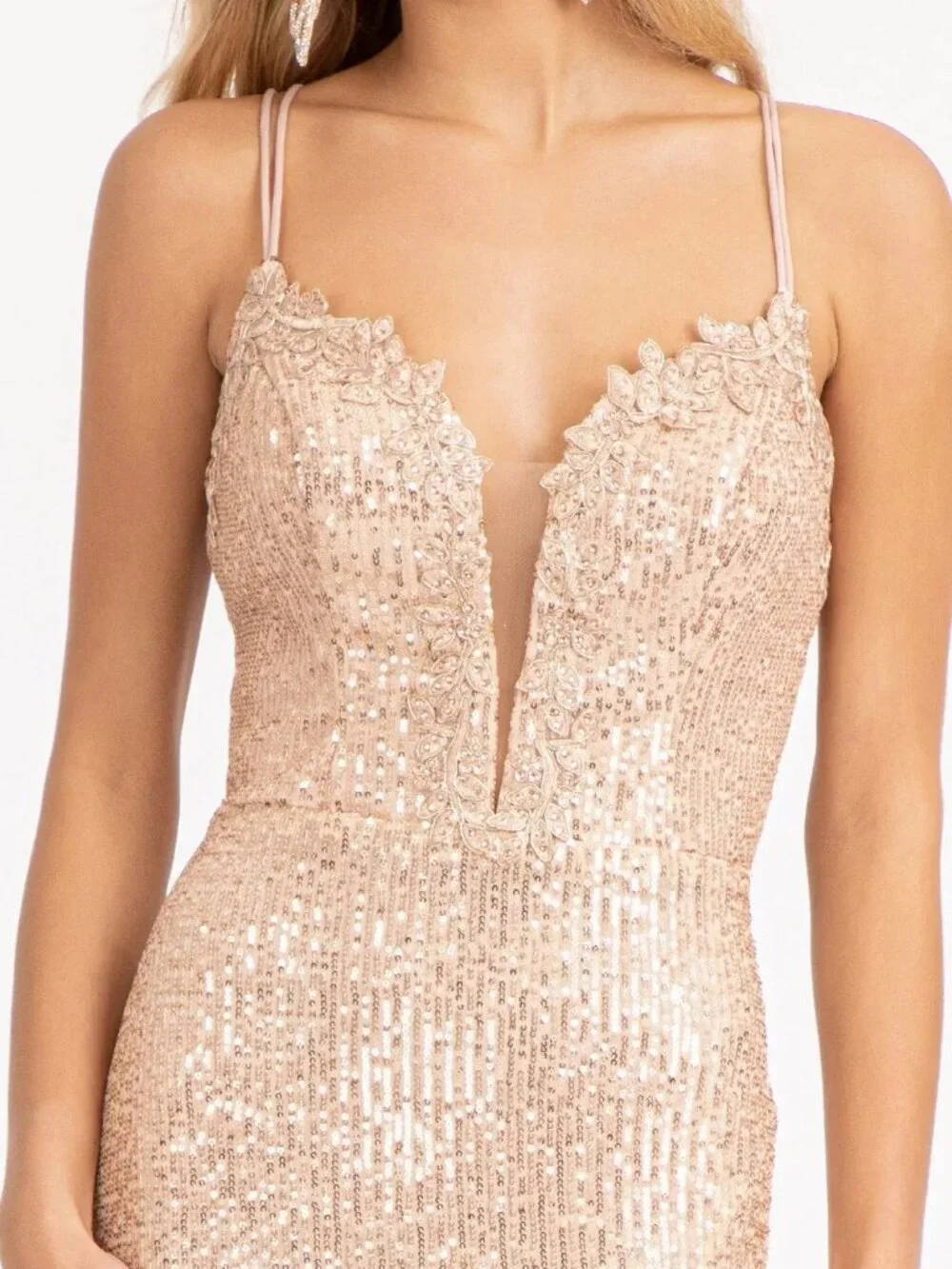 NEW ROSE GOLD Sequin & Embroidered V-Neck Prom Gown With Slit GL3050